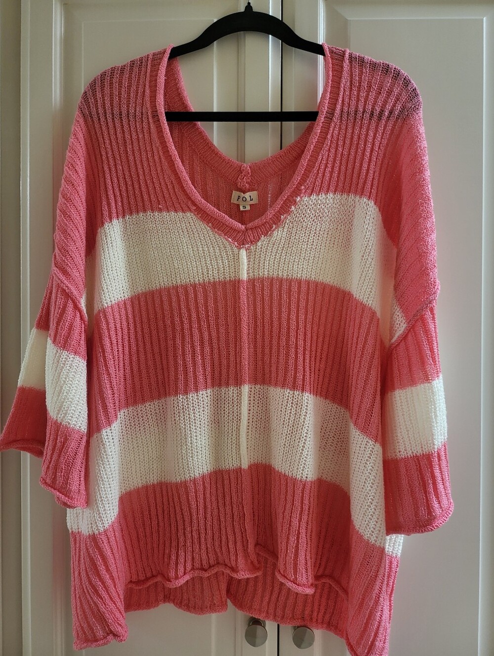 NEW POL brand Pink Ivory Stripe V Neck Long Bell sleeve knit Top Sz Small NWOT